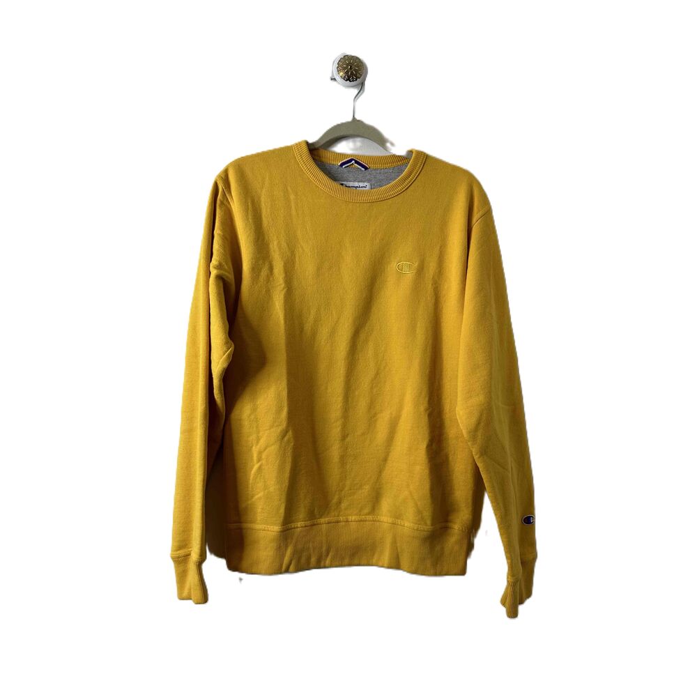 Champion Sweatshirt Mens Size Small Bright Yellow Crew Neck Logo Long Sleeve